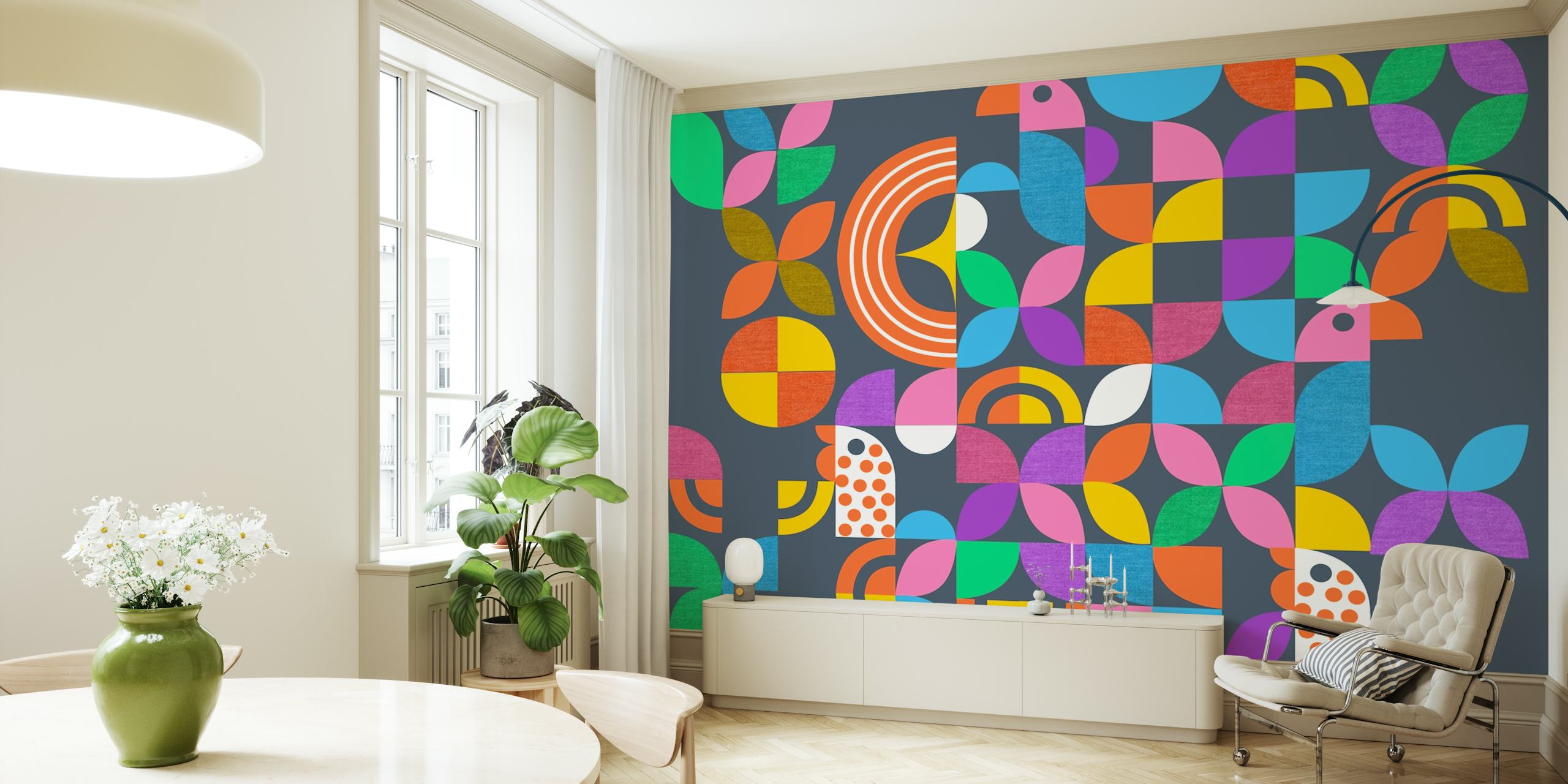 Colorful geometric birds and shapes wallpaper